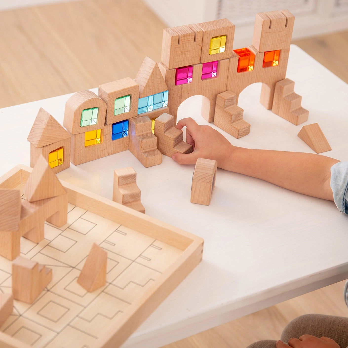 Wooden building blocks with colored cubes, 40 pieces