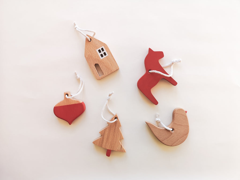 Weihnachtsbaumschmuck aus Holz, 5-er Set